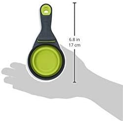 Dexas Popware for Pets Collapsible Klip Scoop, 3 in 1 Design Convenient Measuring Cup, Food Scooper and Bag Clip, 1/2 Capacity Pet Food Scoop, Versatile Food Measuring Cups Portion Control Gray/Green