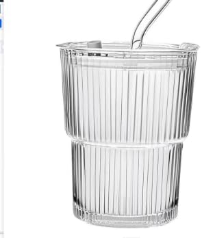 Glass Tumbler with Straw and Lid Ribbed Vertical Ice Coffee Cups Sealed Carry on for Coffee Iced Tea, Thick Wall Glassware Tumbler Water Glass by Unknown