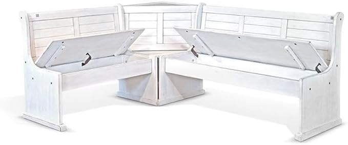 Pemberly Row 75" x 56" Farmhouse Wood Breakfast Nook Set with Table, Storage, Reversable Benche, L-Shaped Corner Bench, for Dining Room, in Marble White Finish - Image 9