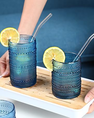 KMIGRUAN Hobnail Drinking Glasses Set of 6,12oz Blue Vintage Glassware,Cocktail Glasses,Embossed Glass Cups,Water Tumbler for Whiskey, Juice and Various Mixed Drinks - Image 7