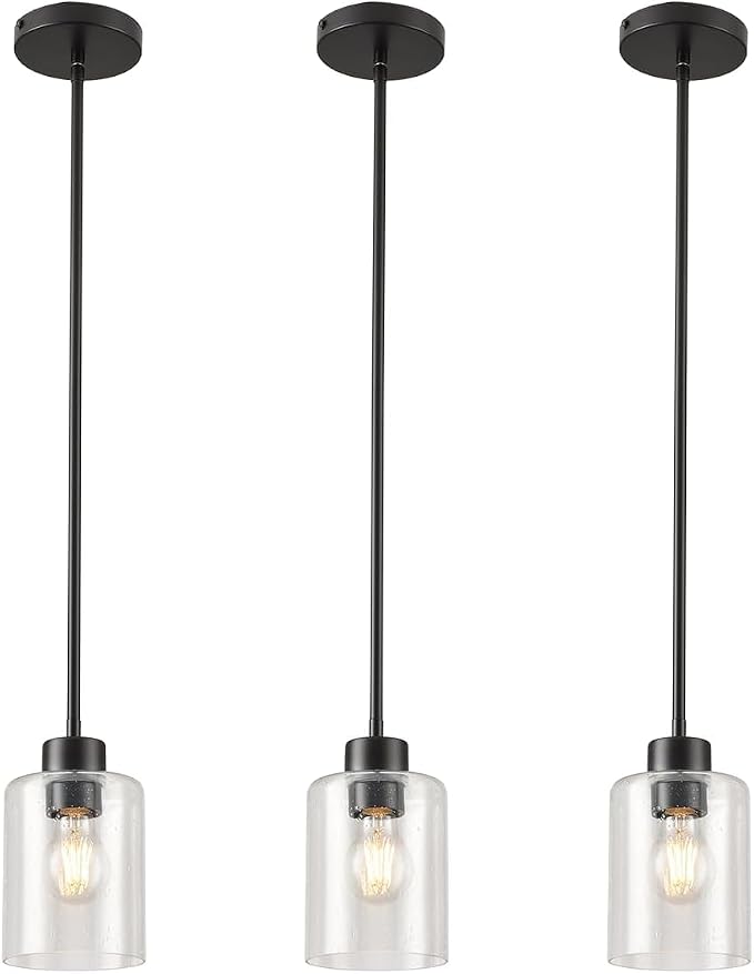 Black Pendant Light Fixture for Kitchen Island (seeded Glass Shade) - Image 2