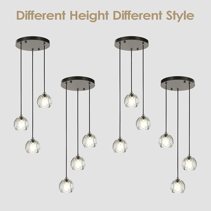 3 Lights Pendant Lighting, Brushed Black Cluster Pendant Light Kitchen Island, Cut Crystal Pendant Light Fixture Hanging Lights for Dining Room Foyer Bathroom - Image 6