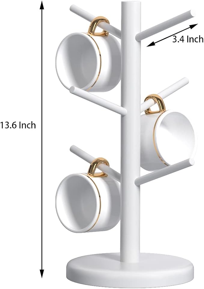 Dorhors Mug Holder Tree,Coffee Cup Holder,Mug Rack Stand Hook,Bar Organizer | White Wood Coffee Station Accessories 6 Hook,Coffee Shelf Decor for Kitchen Countertop,Counter Storage Display Mug,Cup - Image 6