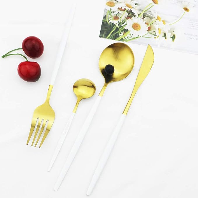 JASHII Silverware Set, 24-Piece Stainless Steel Flatware Set,Kitchen Utensil Set Service for 6,Tableware Cutlery Set for Home, Dishwasher Safe (Matte White handle gold) - Image 6
