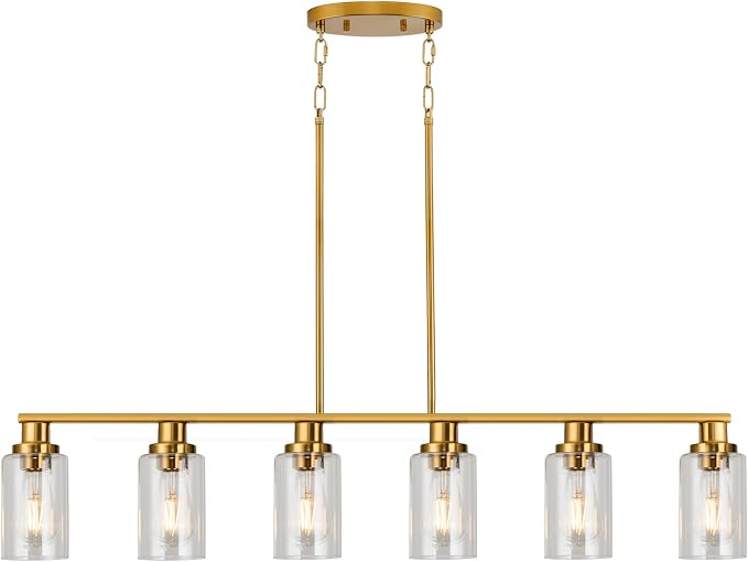 Kitchen Island Lighting, 6-Light Modern Dining Room Light Fixture Over Table,44.3'' Vintage Farmhouse Gold Linear Chandelier, Industrial Pendant Lights for Kitchen Island with Clear Glass Shade - Image 7