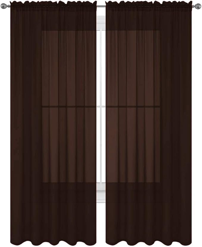 2 Piece Solid Elegant Sheer Curtains Fully Stitched Panels Window Treatment Drape (54" X 120", Chocolate) by Decotex