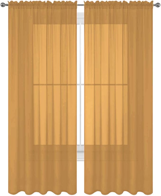2 Piece Solid Elegant Sheer Curtains Fully Stitched Panels Window Treatment Drape (54" X 45", Gold) by Decotex