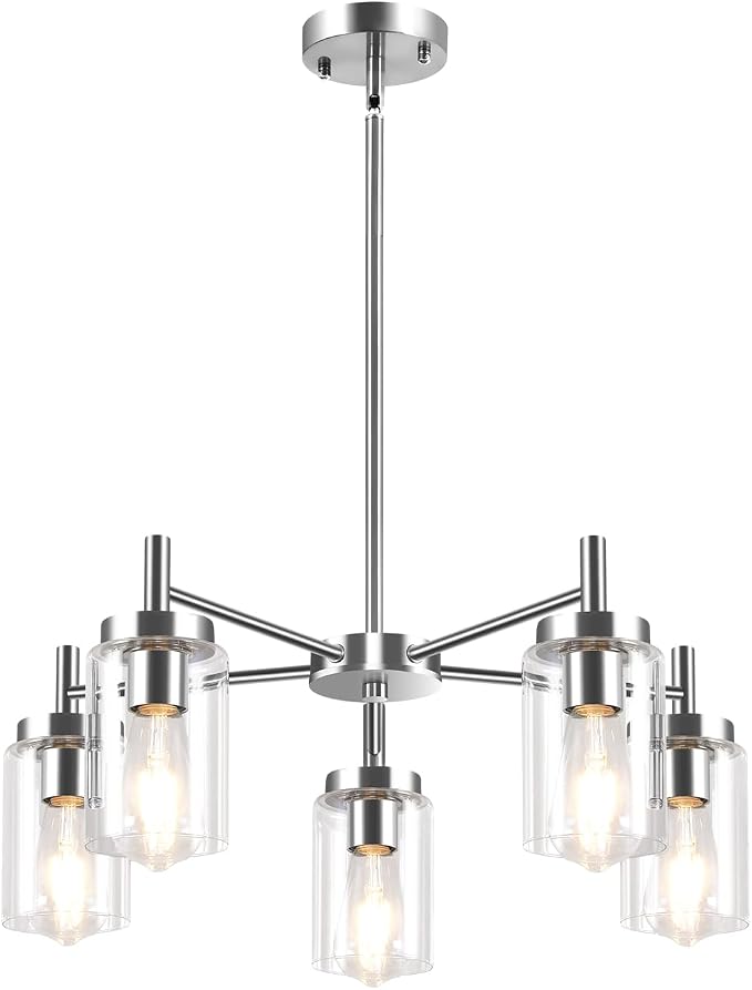 5 Lights Brushed Nickel Modern Farmhouse Chandelier for Dining Room with Glass Shade, Pre-Wired Height Adjustable Pendant Ceiling Lighting Fixture for Dining Living Room Bedroom Kitchen Foyer - Image 9