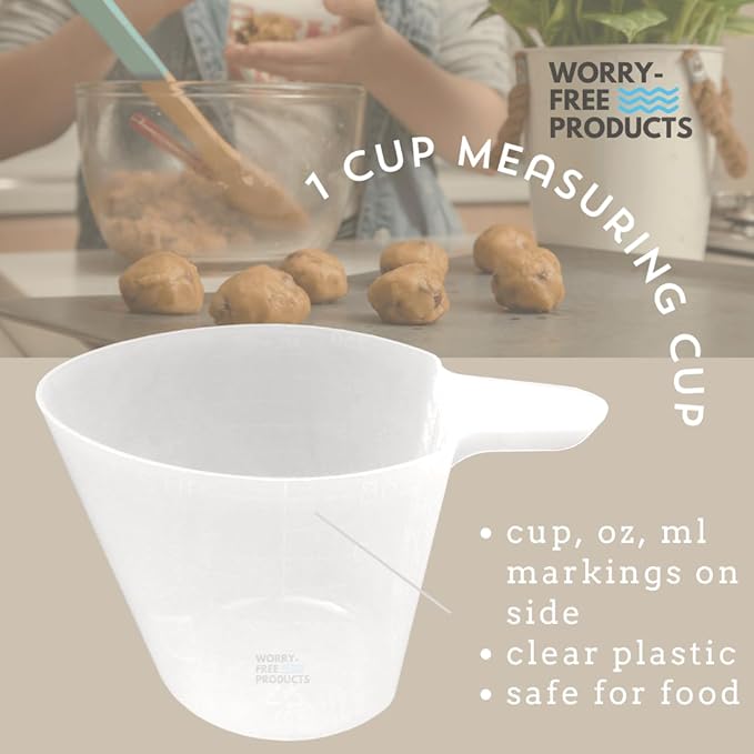 Worry-Free 1 Cup Measuring Cup - USA Made Plastic Measuring Cup, BPA Free. Clear, with Markings for Cups, ml, Ounces. Use for Dry, Liquid or as a Dog Food Scoop (3 Count)