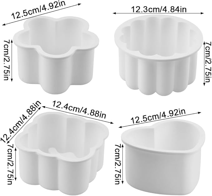 4 Pcs Silicone Flower Mousse Cake Molds, 5 Inch Silicone Baking Mold, Flexible & Nonstick 3D silicone Cake Molds for Baking, Square Heart Flower Star Cake Pan for Cheese, Chocolate, Candy