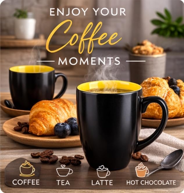 GBhome 16oz Coffee Mugs Set of 6, Large Ceramic Coffee Mugs for Man, Woman, Dad, Mom, Modern Coffee Mugs Set with handle for Tea/Latte/Cappuccino/Milk/Cocoa. Dishwasher&Microwave Safe,Yellow - Image 9