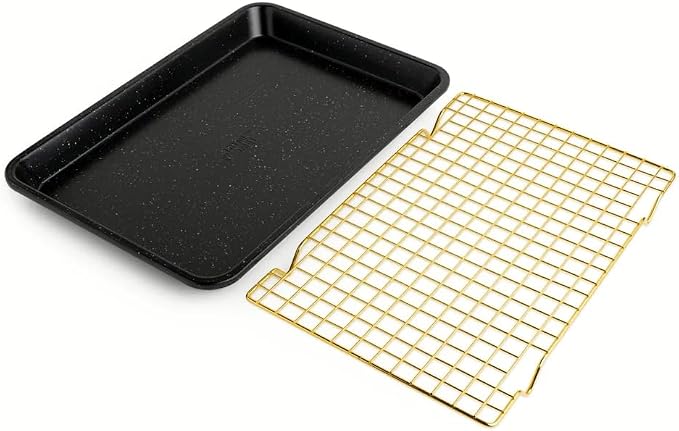 Non-Stick Rectangle Baking Sheet with Gold Cooling Rack - Black - Image 5