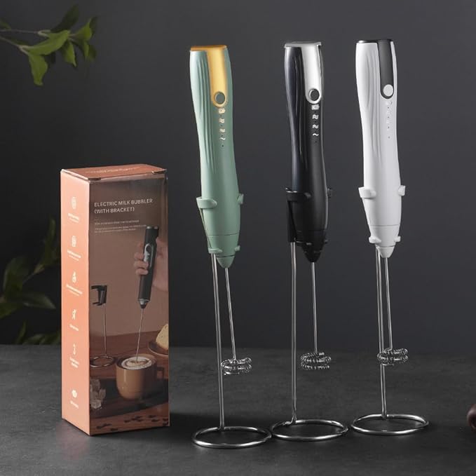 Ruciko Rechargeable 3-Speed Electric Milk Frother,Stainless Steel,Mini Handheld.Quick Type-C Charging for Lattes,Coffee,Egg Whipping & Hot Choc.With Double-Layer Frothing Head & Stand.(green)