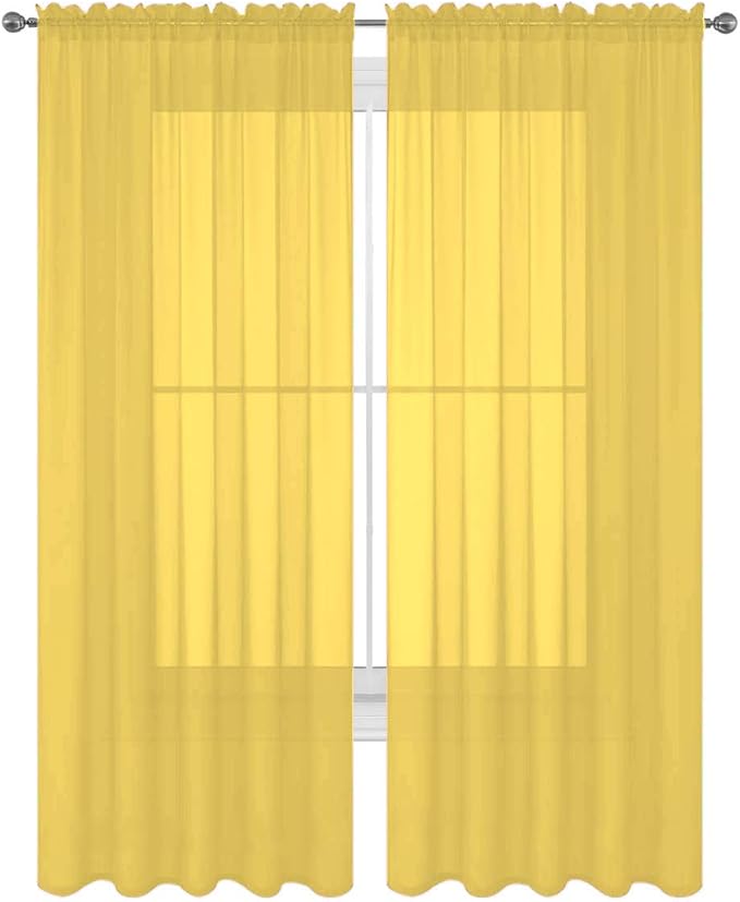 2 Piece Solid Elegant Sheer Curtains Fully Stitched Panels Window Treatment Drape (54" X 36", Yellow) by Decotex