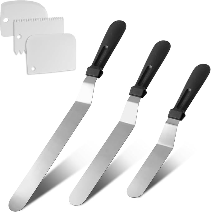 Litoexpe 6 Pack Stainless Steel Icing Spatulas with 3 White Cake Smoother Scrapers, Angled Cake Spatulas Cake Smoother Scrapers, Frosting Offset Spatula Set for Cake Decorating Baking (6", 8", 10")