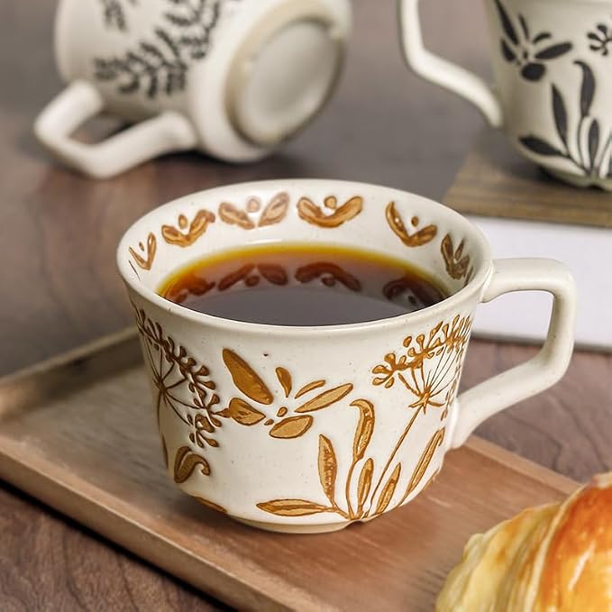 Vintage Ceramic Mug Set - 12 oz Unique Ceramic Coffee Mugs & Tea Cups with Hand-Drawn Patterns, Dishwasher & Microwave Safe, Ideal Gift - Image 7