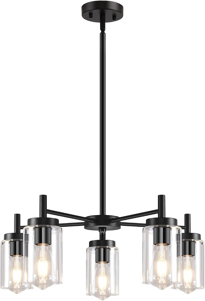 5 Lights Black Modern Farmhouse Chandelier for Dining Room with Glass Shade, Pre-Wired Height Adjustable Pendant Light Ceiling Lighting Fixture for Dining Living Room Bedroom Kitchen Foyer - Image 9
