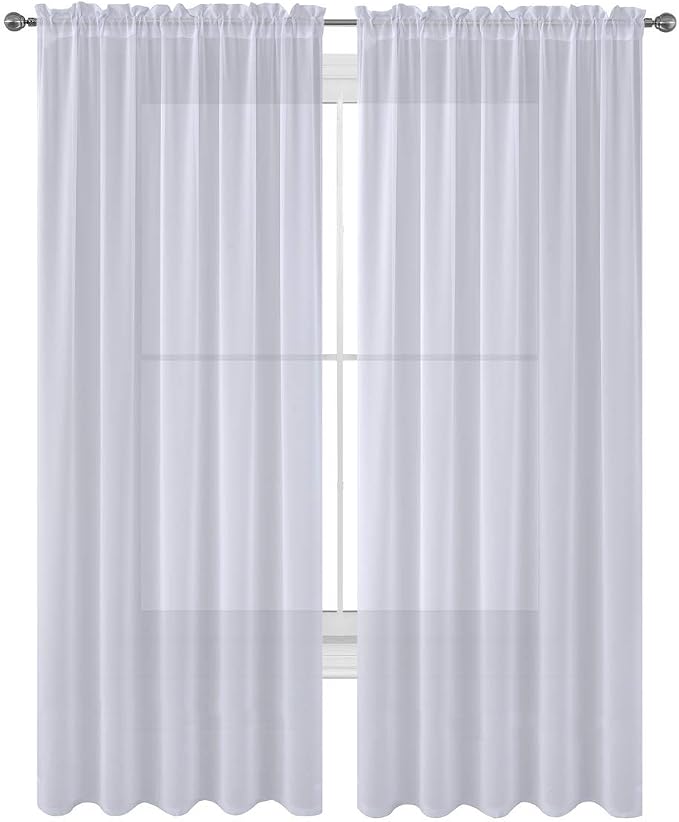 2 Piece Solid Elegant Sheer Curtains Fully Stitched Panels Window Treatment Drape (54" X 84", White) by Decotex