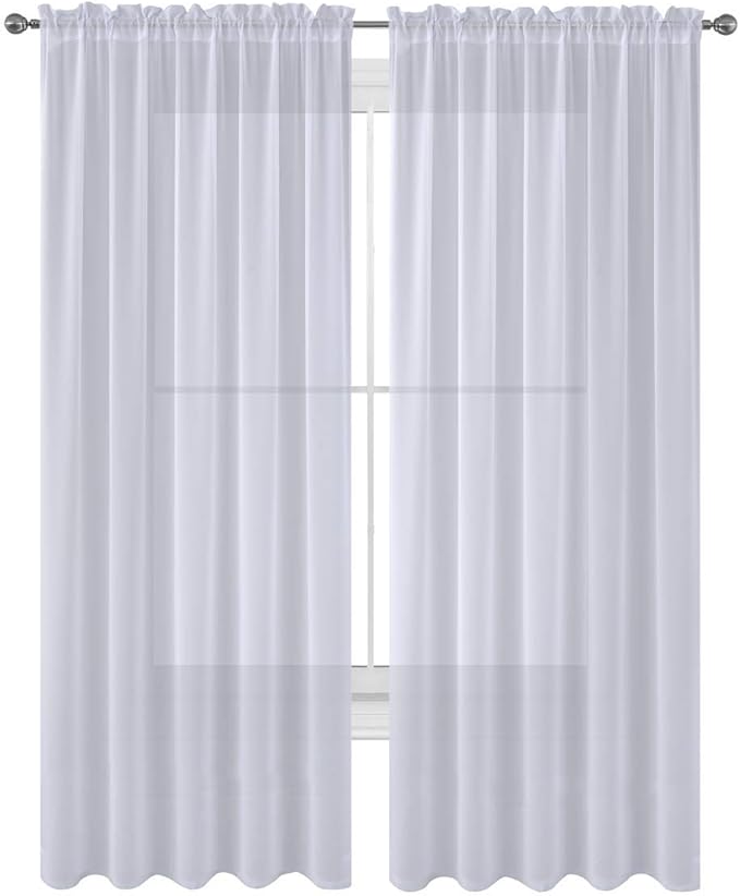 2 Piece Solid Elegant Sheer Curtains Fully Stitched Panels Window Treatment Drape (54" X 54", White) by Decotex