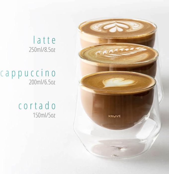 KRUVE IMAGINE Coffee Cups - Handcrafted Double-Wall Glass Cups (Set of Two, 8.5oz/250ml) - Perfect for Latte Art and Espresso - Durable Borosilicate Glass - Ideal Gift for Coffee Mugs Lovers - Latte
