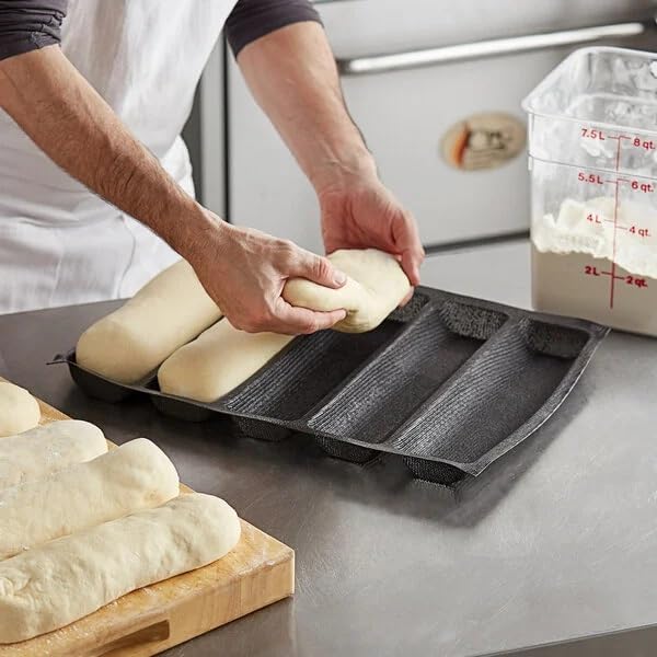 5-Compartment Sub Sandwich Silicone Bread Mold, Black Fiberglass Mesh, 18x13 Inch Pan with 12x3 Inch Cavities, Non-Stick Baking Loaf Pan