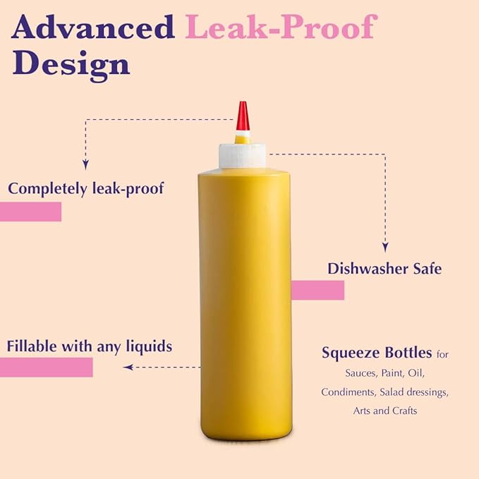 Bellemain 6-Pack Condiment Squeeze Bottles for Sauces - Includes Funnel, Erasable Marker & Reusable Labels, Perfect for Salad Dressings, Liquids, and Ketchup, Durable Plastic 12 oz Bottles