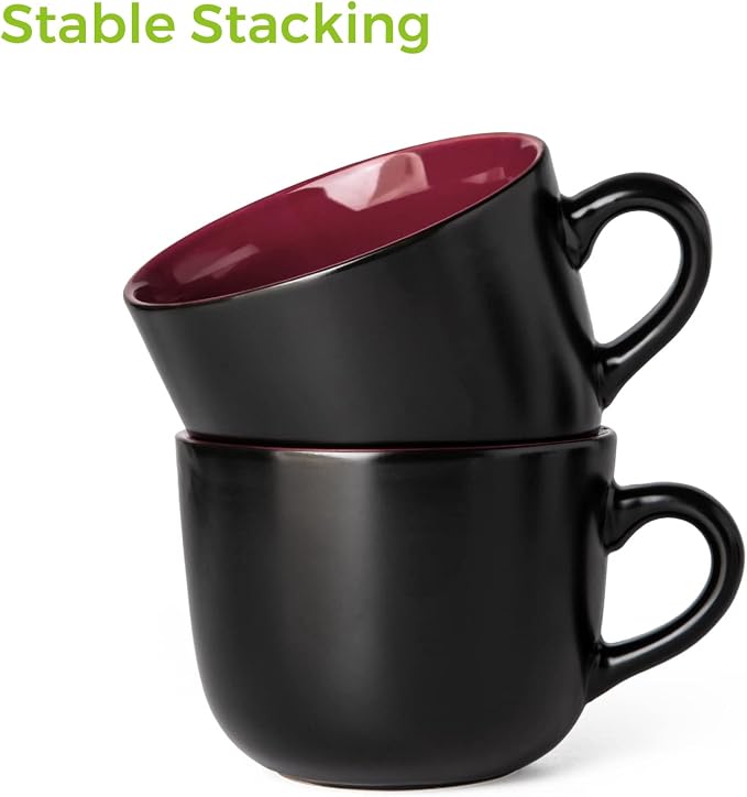 GBhome Jumbo Soup Mugs with Handles, 24 Oz Large Coffee Mugs Set of 4 | Ceramic Soup bowls for Soup Cereal Snacks Salad Noodles Cups, Microwave safe - Matte Black, Red Inside - Image 9