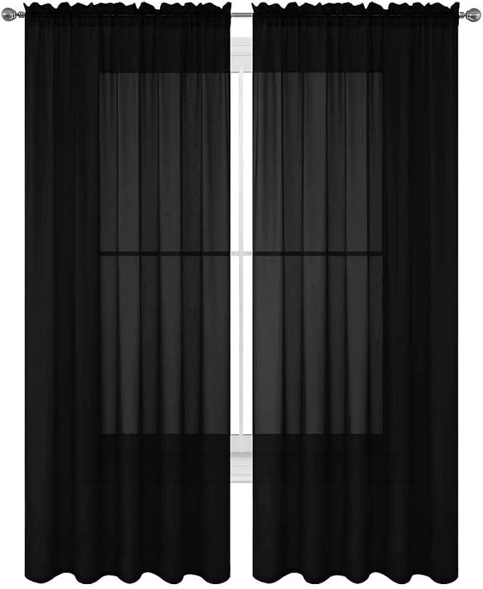 2 Piece Solid Elegant Sheer Curtains Fully Stitched Panels Window Treatment Drape (54" X 54", Black) by Decotex