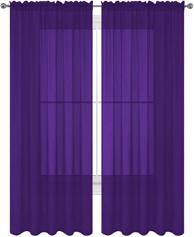 2 Piece Solid Elegant Sheer Curtains Fully Stitched Panels Window Treatment Drape (54" X 36", Purple) by Decotex