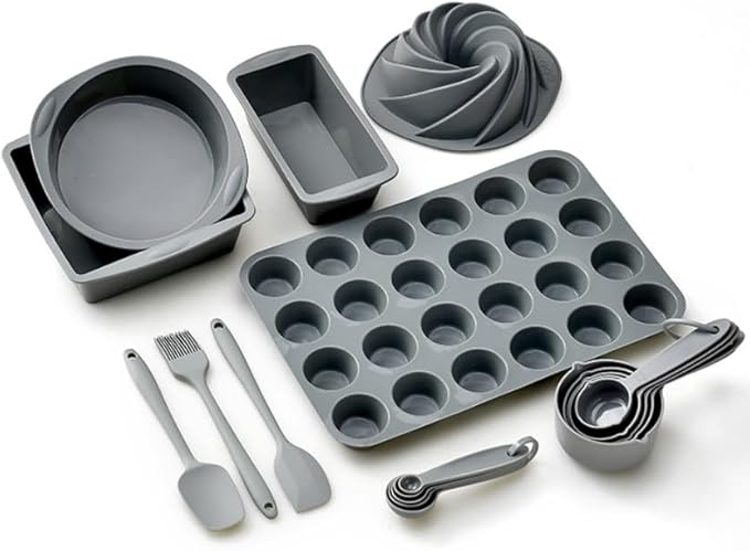 Baking Pans Set Non Stick, 18 PCS Silicone Bakeware Sets Non Toxic with Square/Round Cake Pan, Cupcake Molds, Spatula, Baking Brush and Measuring cups, Heat Resistant, Dishwasher Safe, Gray