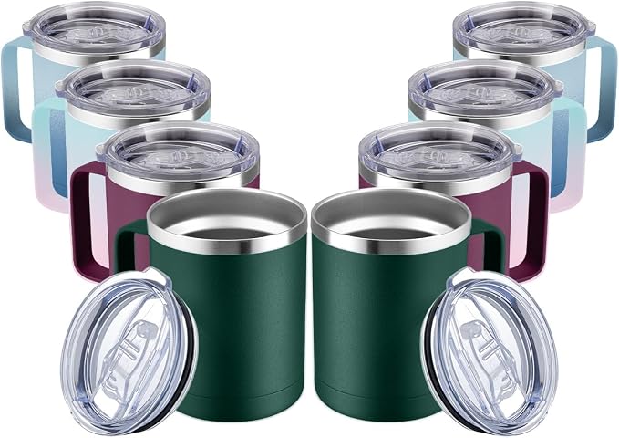 MEWAY 12oz Coffee Mug With Handle 2 Pack Bulk,Stainless Steel Insulated Travel Tumblers With Sliding Lid,Double Wall Vacuum Camping Cup for Hot & Cold Drinks Tea (Forest Green&Plum,Set of 8) by MEWAY