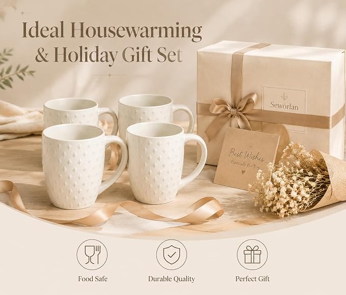14 oz Ceramic Coffee Mugs Set of 4, White Stoneware Cups with Handle | Porcelain Mugs, Microwave & Dishwasher Safe, Coffee Mug for Tea, Coffee, Latte, Premium Kitchen & Housewarming Gift Set - Image 9