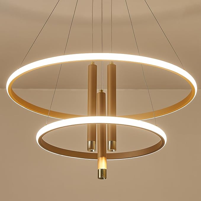 ORANOOR LED Gold Modern Chandeliers, Dimmable 24inch Kitchen Pendant Lights | LED Gold Dining Room Light Fixtures Ceiling Hanging Over Table, 2 Ring Round Chandelier for Dining Room Bedroom Living Room - Image 9