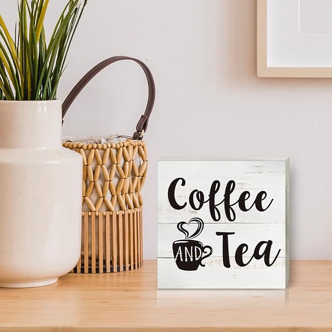 Coffee and Tea Wood Box Sign Kitchen Home Decor, Rustic Funny Coffee Wooden Box Sign Block Plaque for Wall Tabletop Desk Decoration - Image 5