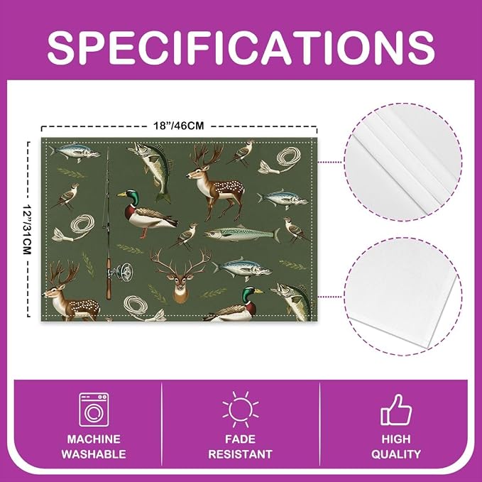 Feelyou Hunting and Fishing Placemats Set of 4 Big Bass Pike Fish Table Mats for Party Kitchen Dining Decoration Deer Hunting Place Mat for Table Holiday Decor Indoor Outdoor 18"x12" Non-Slip - Image 4