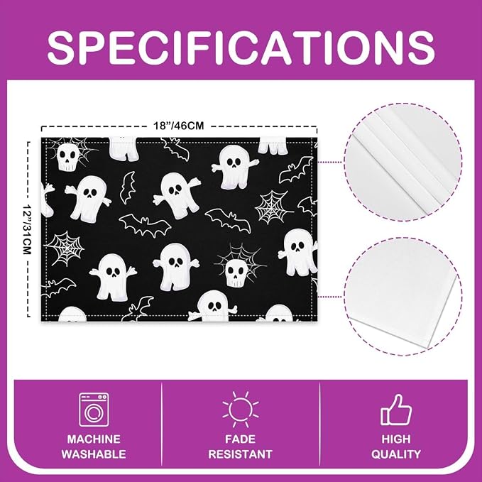Feelyou Happy Halloween Placemats Set of 4 Cute Ghost Table Mats for Party Kitchen Dining Decoration Holiday Seasonal Black and White Place Mat for Dinner Table Indoor Outdoor 18"x12" Bats Cobweb - Image 4