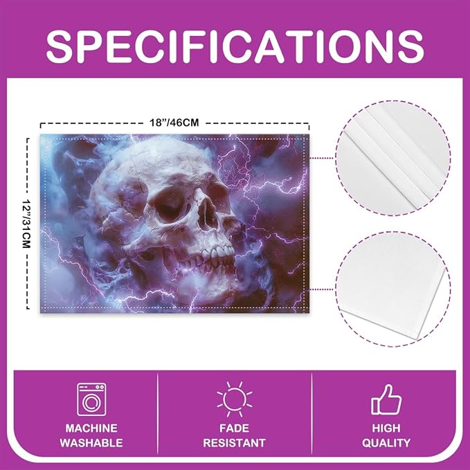 Feelyou Sugar Skull Placemats for Dining Table Indoor Outdoor Kitchen 12"x18" Gothic Skull Placemats Set of 4 Halloween Themed Table Mats Placemat Bones Decor Table Place Mats, Purple Gray - Image 4