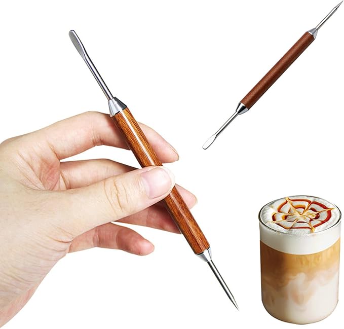 2 PCS Latte Art Pen Cinnamon Pen for Coffee,Stainless Steel Coffee Art Pen Coffee Fancy Stitch,Dual-Ended Latte Art Pen,Barista Coffee Latte Art Tools, Coffee Latte Needle with Wood Handle