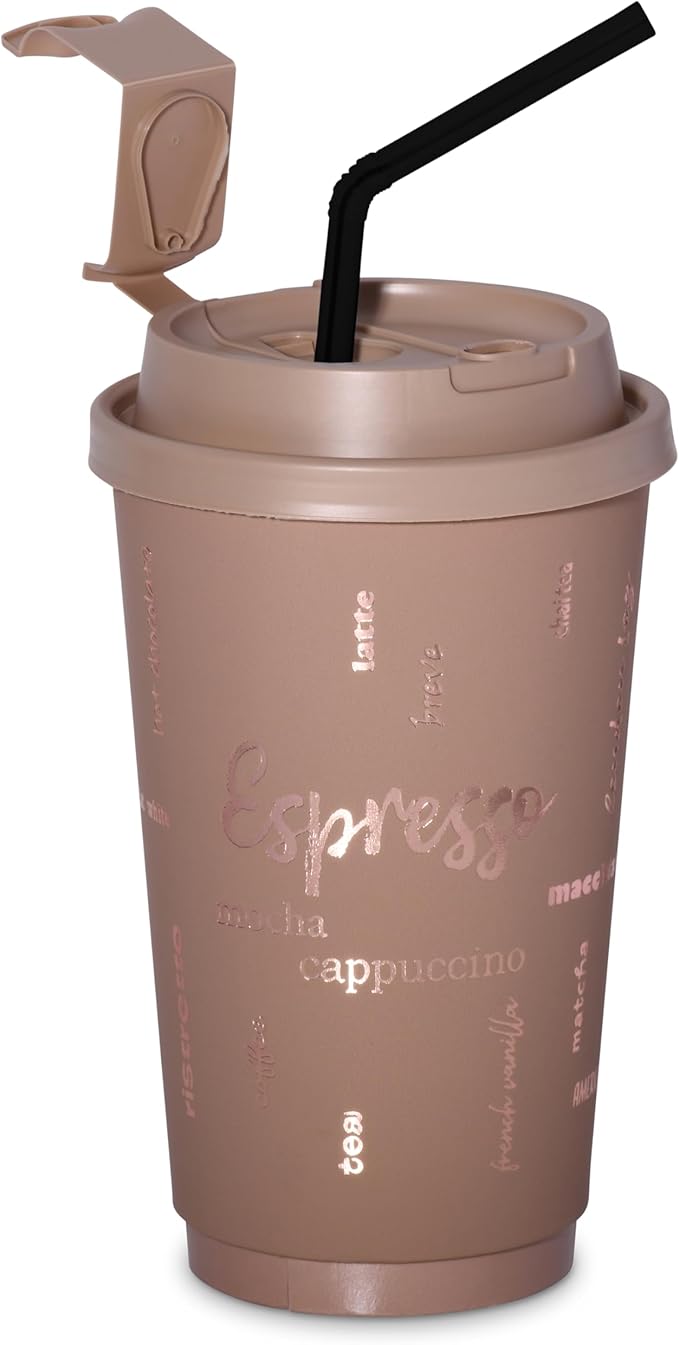 16oz Premium Disposable Coffee Cups, Double-Wall Insulated Paper Cups with Flip-Top Lids, No Sleeves Needed, To-Go Cups for Coffee, Tea, Hot Chocolate, Events, Rose Gold Print (Brown, 60ct)