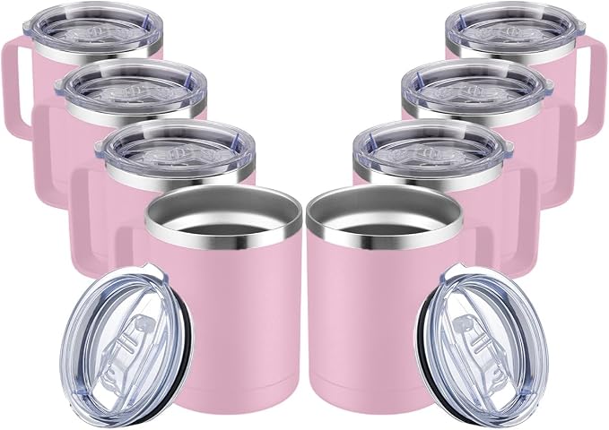 MEWAY 12oz Coffee Mug With Handle and Sliding Lid,Stainless Steel Travel Tumbler Cup with Handle,Double Wall Vacuum Insulated Camping Cup for Hot & Cold Drinks Tea (Pink,Set of 8) by MEWAY
