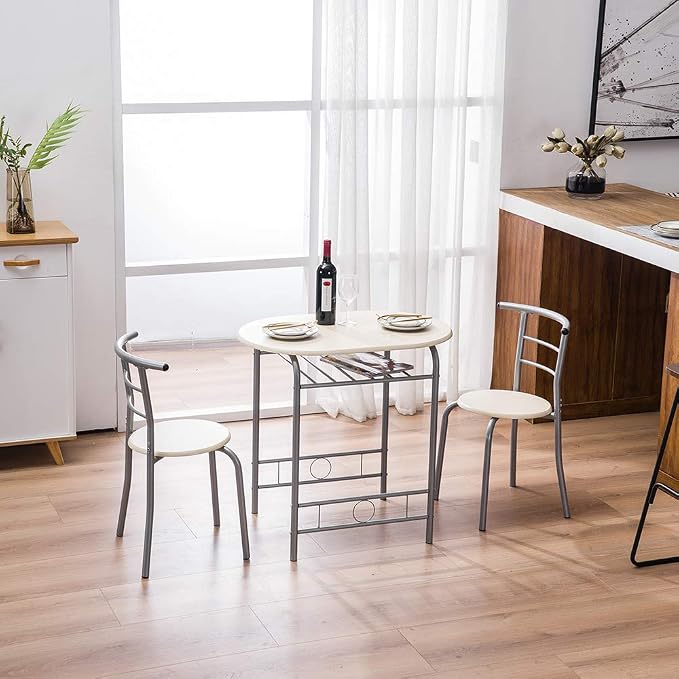 VINGLI 3 Piece Dining Set, Small Kitchen Table Set for 2, Breakfast Table Set, Kitchen Wooden Table with 2 Chairs for Small Space/Dining Room/Apartment, Metal Frame, Wine Rack, Beige - Image 8