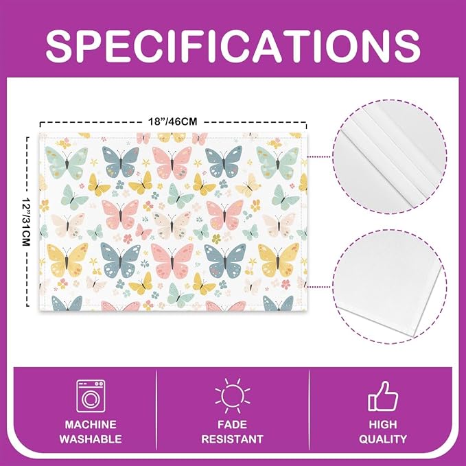 Feelyou Butterfly Table Mats Placemat Butterflies Print Placemats Set of 4 Placemats for Dining Table Indoor Outdoor Kitchen Kitchen Dining Table Butterfly Floral Decor Table Place Mats 12"x18" - Image 4