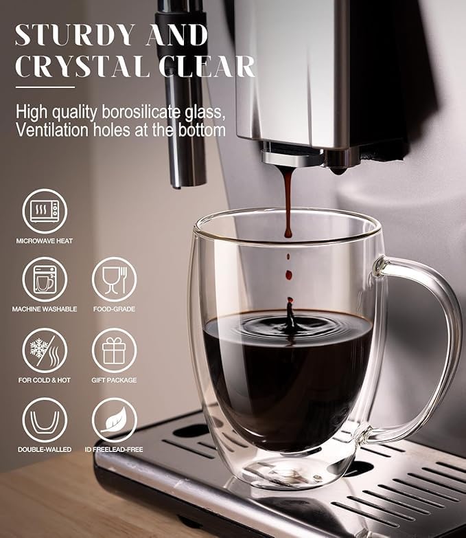 OJA Double Wall Glass Coffee Mugs 12.3oz, Hand Blown Clear Glass Coffee Cups Set of 2, Insulated Tea Mug, Perfect for Espresso, Cappuccino, Latte, American,Tea Bag, Beverage