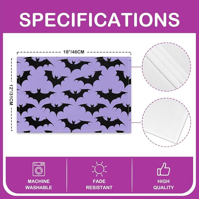 Feelyou Happy Halloween Placemats Set of 4 Bats Pattern Table Mats for Party Kitchen Dining Decoration Holiday Seasonal Light Purple Black Place Mat for Dinner Table Indoor Outdoor 18"x12" Non-Slip - Image 4