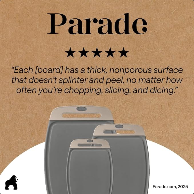 GORILLA GRIP BPA-Free Reversible Kitchen Cutting Board Set of 3, US Designed, Nonporous, Juice Grooves Catch Liquid, Slip Resistant Border, Dishwasher Safe, Durable Food Chopping Boards, Gray Almond - Image 9