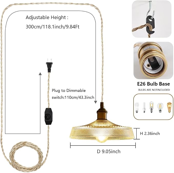 Sedelan Plug in Pendant Light, Vintage Pendant Lights Kitchen Island, Glass Hanging Light, Hanging Lamp with Plug in Cord for Entryway Bedroom Dining Room Kitchen, Adjustable, E26 - Image 7