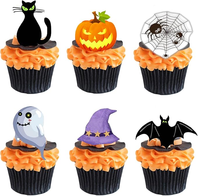Halloween Edible Cupcake Toppers Pumpkin Ghost Bat Black Cat - Pre-cut Wafer Paper Cake Decorations,36pcs by Weraru