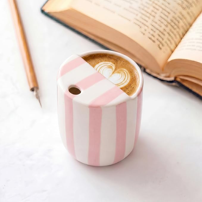 Ceramic Mug with Sip Hole 10 oz Novelty Pink Striped Ceramic Coffee Mug Hand Painted Travel Mugs Heat Resistant Non Slip Built in One Lid Handcraft Mugs for Coffee Lovers Appreciation Gift - Image 7