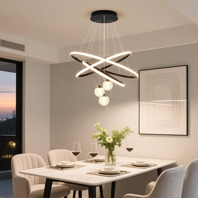ORANOOR LED Modern 3 Ring Chandelier, 24inch Dimmable Kitchen Pendant Light | Black Dining Room Light Fixtures Ceiling Hanging Over Table, Globe Round Chandeliers for Dining Room Living Room Bedroom - Image 9