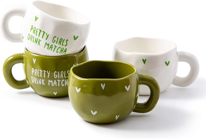 4pcs Ceramic Coffee Cups, 9.4OZ Cute Matcha Cup Set, Green & White, Dishwasher Safe Green Tea Mugs, Pretty Girls Collection - Image 9
